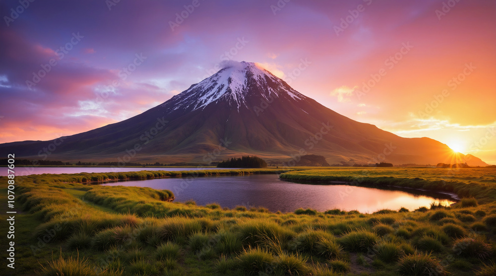 a stunning landscape featuring a majestic mountain with a snow-capped peak at sunset, surrounded by a calm pond and lush green grassy field a stunning landscape featuring a majestic mountain with a snow-capped peak at sunset, surrounded by a calm pond and lush green grassy field