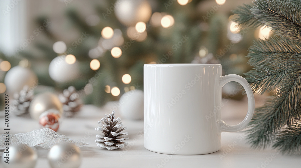White mug on snow with bokeh background in a Christmas mood White mug on snow with bokeh background in a Christmas mood