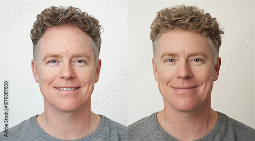 Collage of 2 photos man with hair loss problem before and after treatment, hair loss treatments, hair transplant, on light background, collage. Appointment with a trichologist. photo