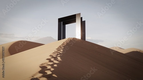 The Path to the Unknown: A minimalist metallic portal stands atop a sand dune, symbolizing opportunity and the potential for exploration. The sandy landscape stretches out beneath a hazy sky. photo