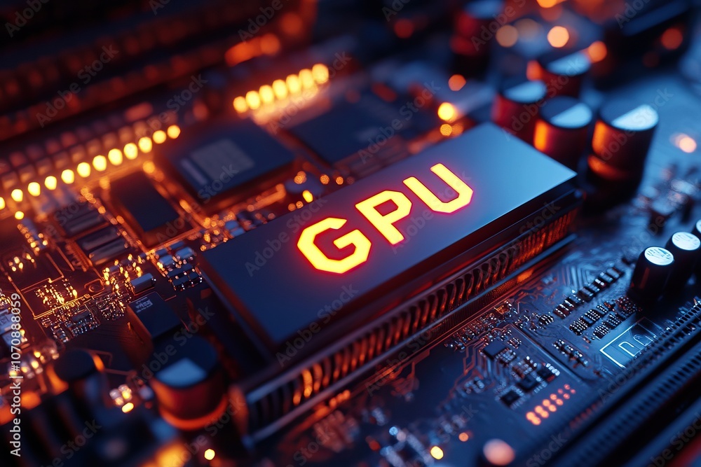 A vibrant image of a GPU on a computer motherboard, illuminated by glowing lights, showcasing intricate circuitry and components. A vibrant image of a GPU on a computer motherboard, illuminated by glowing lights, showcasing intricate circuitry and components.