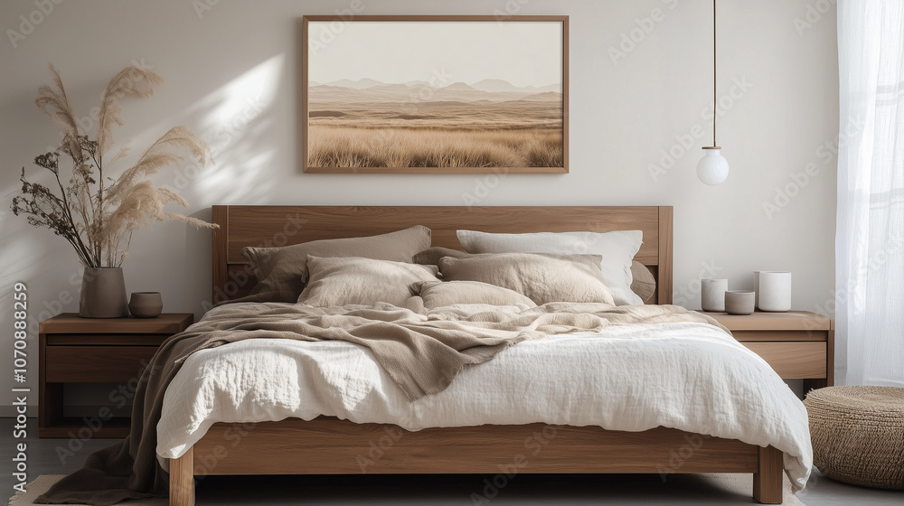A framed desert landscape print hanging above a low wooden bed with neutral bedding A framed desert landscape print hanging above a low wooden bed with neutral bedding