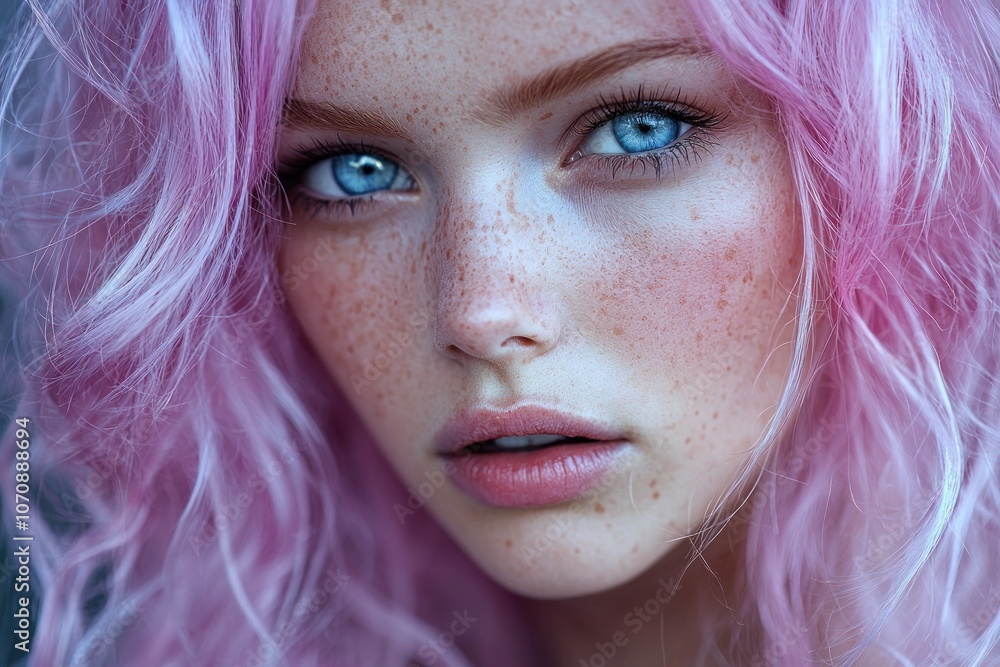 Close-up Portrait of a Woman with Pink Hair and Freckles Close-up Portrait of a Woman with Pink Hair and Freckles