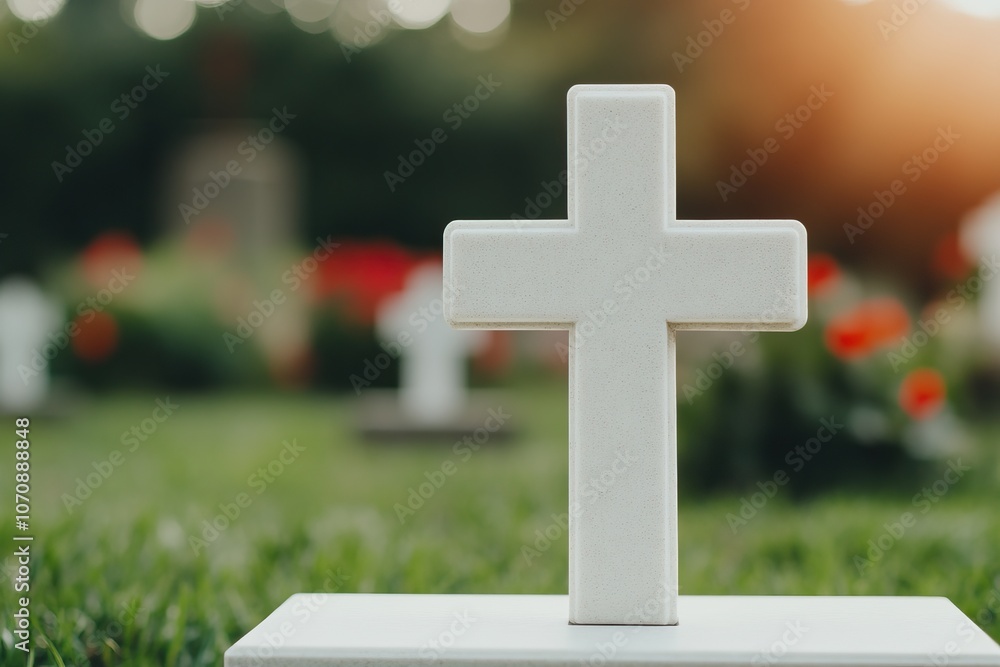 A serene white cross stands in a garden, surrounded by flowers, symbolizing remembrance and peace in a tranquil setting. A serene white cross stands in a garden, surrounded by flowers, symbolizing remembrance and peace in a tranquil setting.