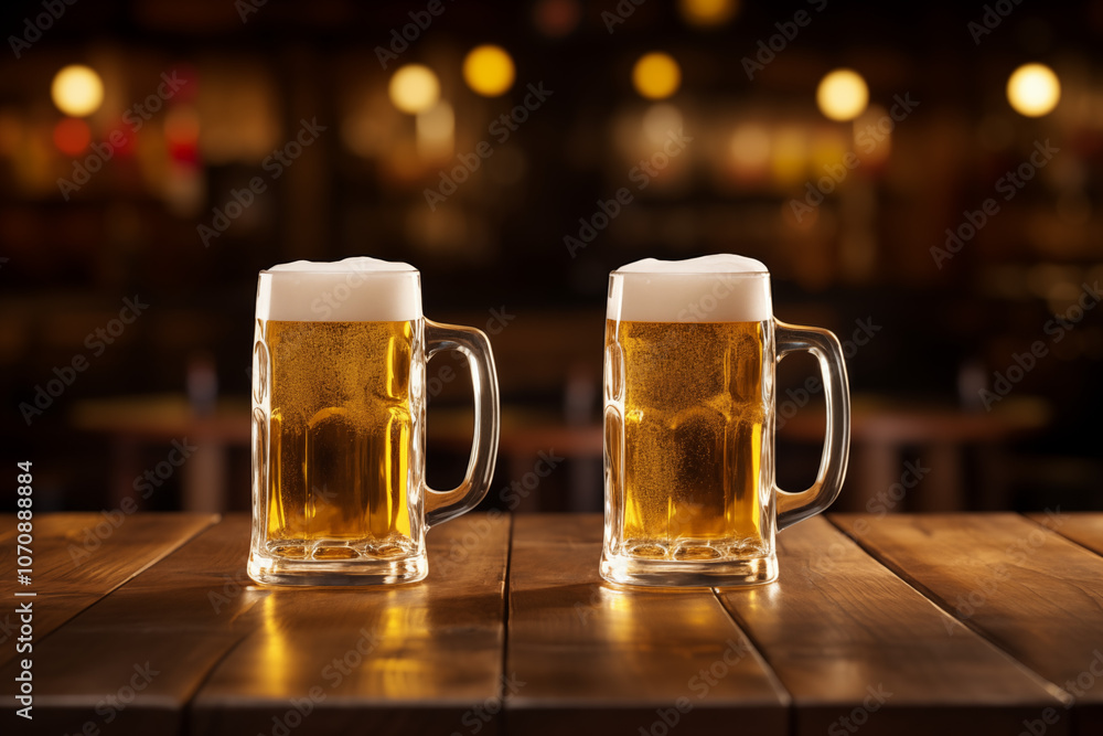 Two cold beer mugs on a wooden table, illuminated by warm background lights, perfect for showcasing beverages or bar atmospheres. Two cold beer mugs on a wooden table, illuminated by warm background lights, perfect for showcasing beverages or bar atmospheres.