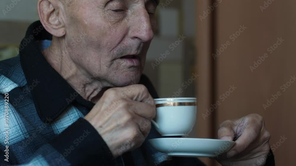 Caucasian elderly man 70 -79 years old drinks coffee from a cup while inside, pensioner has breakfast drinking a cup of aromatic coffee Caucasian elderly man 70 -79 years old drinks coffee from a cup while inside, pensioner has breakfast drinking a cup of aromatic coffee