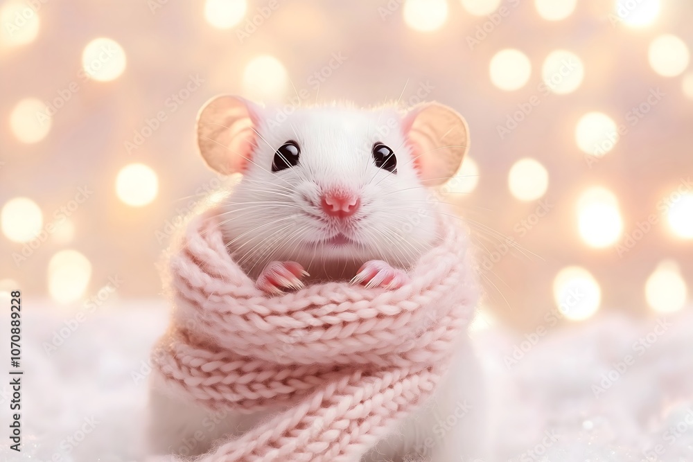 Fototapeta premium White mouse wrapped in knitted scarf with Christmas and New Year bokeh lights background, perfect for winter greeting card, holiday social media, seasonal design and festive stationery