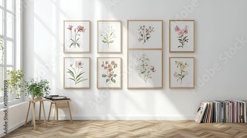 Elegant floral art display on white wall in a sunlit room with wooden flooring and books