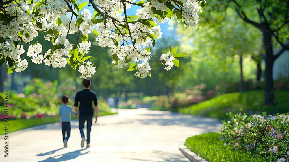 Obraz premium A father and son walk hand-in-hand along a path lined with lush greenery and blooming trees in a park setting. The sun shines brightly, casting a warm glow on the scene.