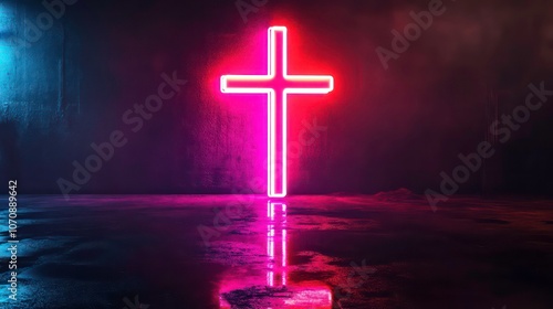 A glowing neon cross illuminated against a dark, reflective background.