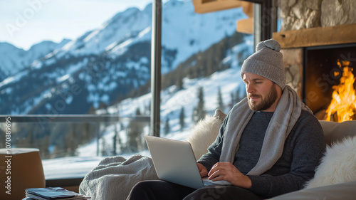 Cozy man working on laptop in snowy mountain cabin photo