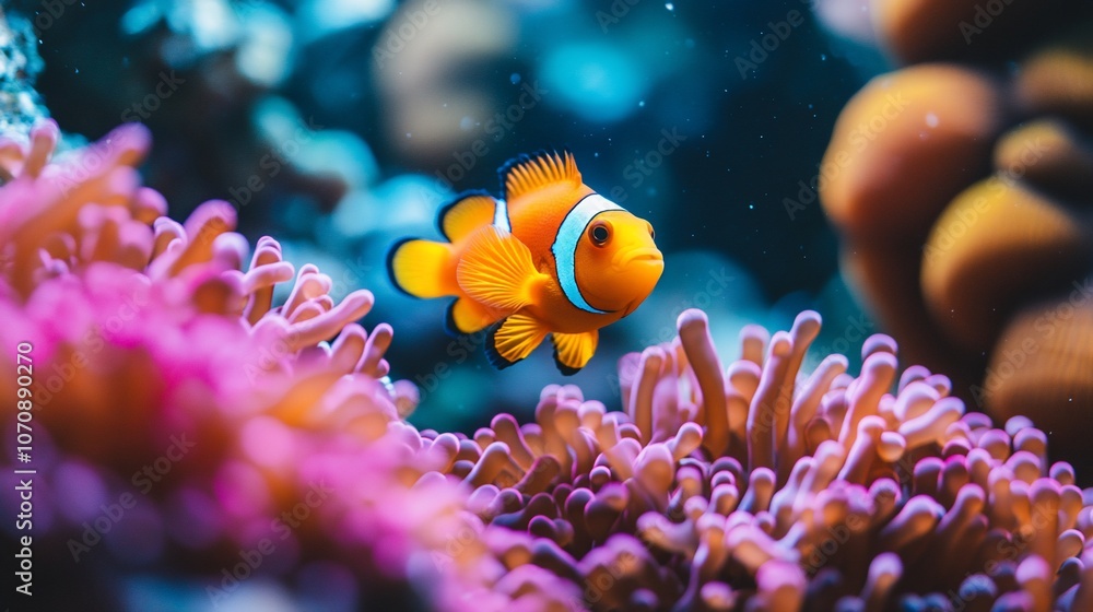 A vibrant orange and white clownfish swims amidst pink coral. A vibrant orange and white clownfish swims amidst pink coral.