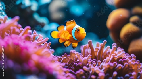 A vibrant orange and white clownfish swims amidst pink coral.