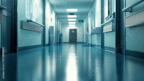 A clean, well-lit hospital corridor with polished floors and doors leading to various rooms.