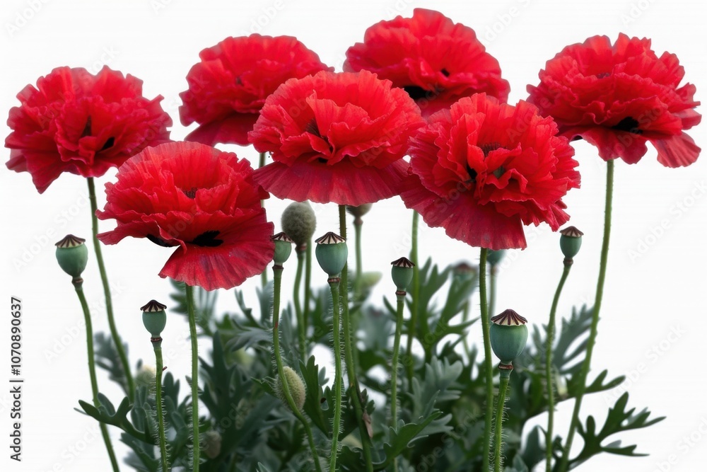 Obraz premium A lush arrangement of ruffled red poppy flowers in bloom with green buds and leaves, creating a rich and vibrant display against a white background.