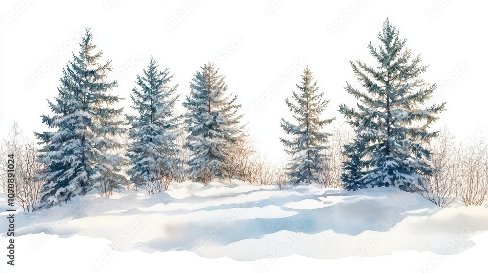 a snow-covered winter landscape with pine trees, serene holiday scene, watercolor effect, isolated on white background a snow-covered winter landscape with pine trees, serene holiday scene, watercolor effect, isolated on white background