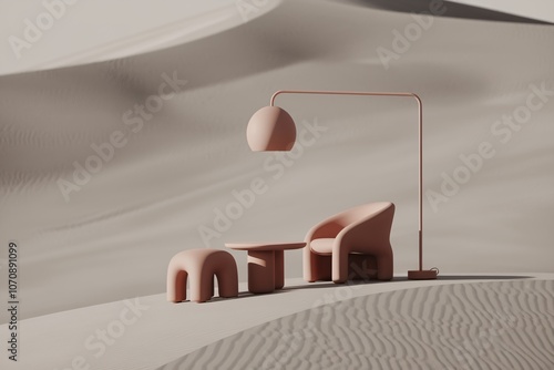 Desert Oasis Relaxation:  A serene scene of minimalist furniture in sandy hues rests on a dune, bathed in soft light. The perfect image for evoking calm and sophistication. 