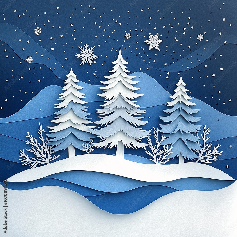 Obraz premium Winterlandschaft aus Papier mit schneebedeckten Bäumen und Sternen