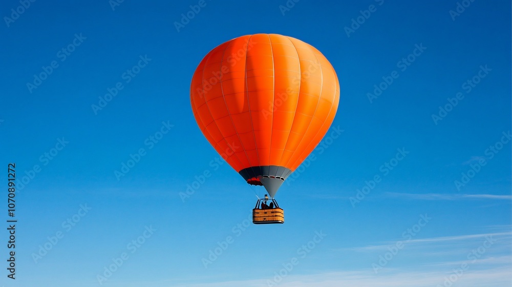 An orange hot air balloon with a wicker basket soars through a bright blue sky. An orange hot air balloon with a wicker basket soars through a bright blue sky.