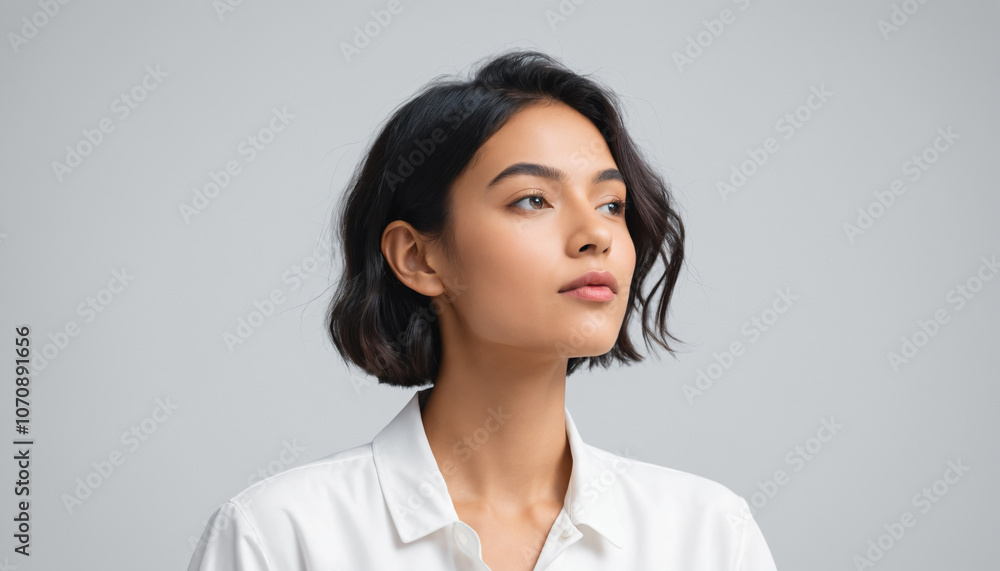 A vibrant and radiant and young woman model thinking in a minimalist design A vibrant and radiant and young woman model thinking in a minimalist design