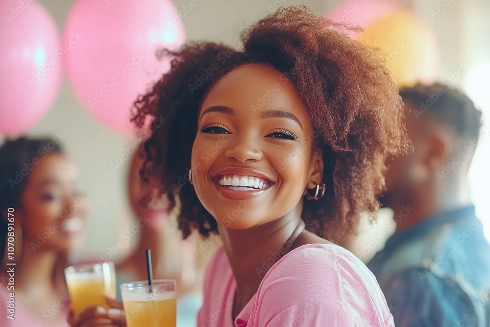 Young Woman with Cocktail Smiling at a Party with Pink Balloons in the Background Young Woman with Cocktail Smiling at a Party with Pink Balloons in the Background