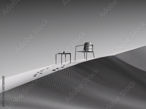 Solitude on the Dune: A stark black and white photograph captures a lone chair and table perched atop a desolate sand dune, footprints leading to the solitary spot. photo