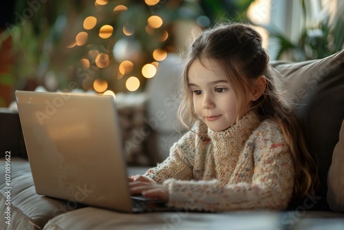 young girl chatting on a social website with a laptop, showcasing the digital age and technology becoming a part of everyday life for children. photo