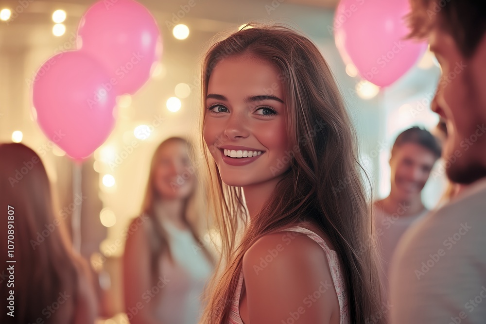 Young Woman Smiling at a Celebration Party with Pink Balloons and Lights in the Background Young Woman Smiling at a Celebration Party with Pink Balloons and Lights in the Background