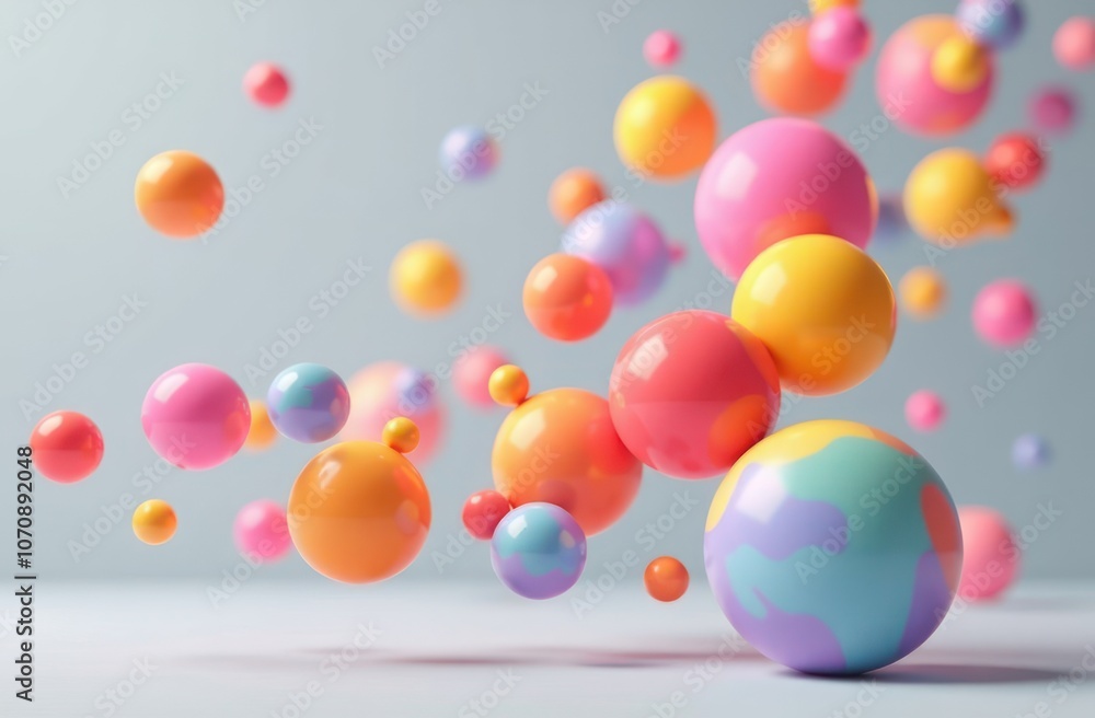 Some floatig colorful 3d spheres, without patterns, arranged against a light gray background. Some floatig colorful 3d spheres, without patterns, arranged against a light gray background.