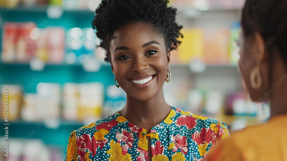 Professional Woman Smiling in Bright Store Environment Professional Woman Smiling in Bright Store Environment