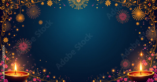 jestic Diwali celebration image featuring a rich navy blue base intricate gold florals twinkling oil lamps and vibrant firework illustrations photo