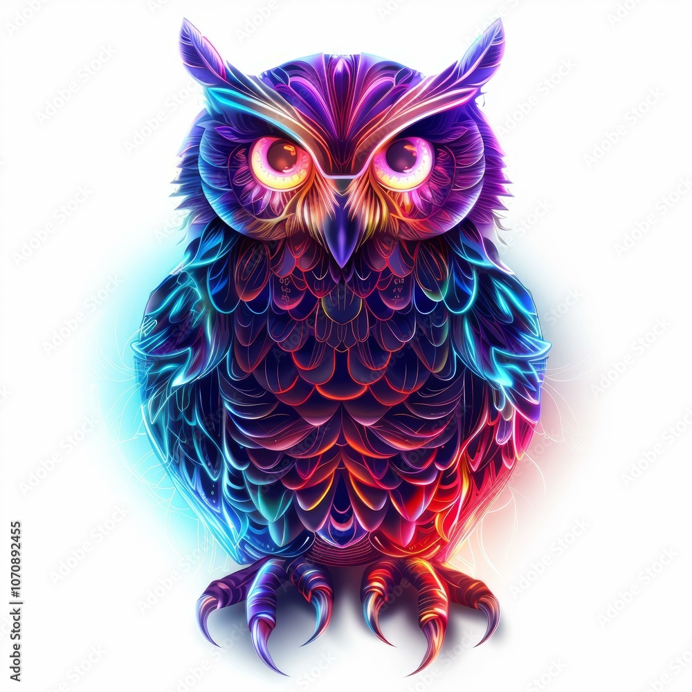 Obraz premium Illustration of a majestic owl with vibrant colorful feathers, radiating an aura of magic and wisdom