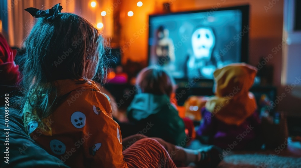 Obraz premium Children gathered around a television set