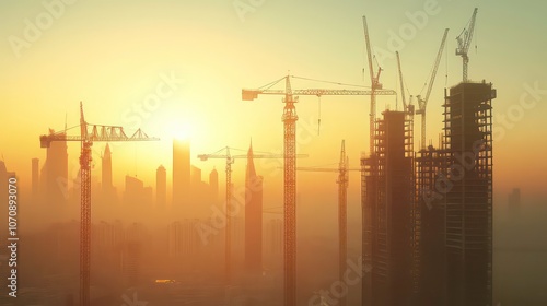 High-rise construction scene showing multiple cranes working on a new skyscraper, with the city skyline in the background