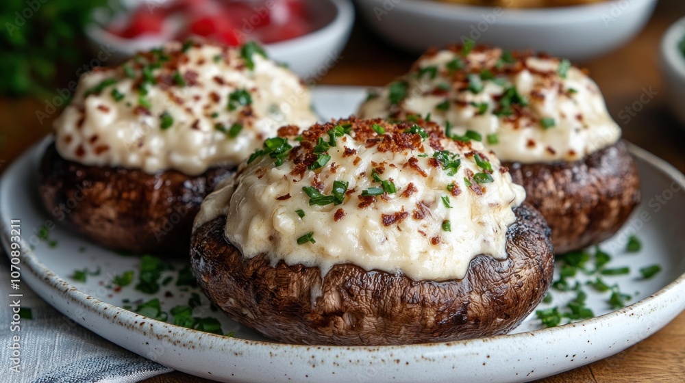 Three stuffed mushrooms with a creamy filling topped with bacon and chives on a white plate. Three stuffed mushrooms with a creamy filling topped with bacon and chives on a white plate.