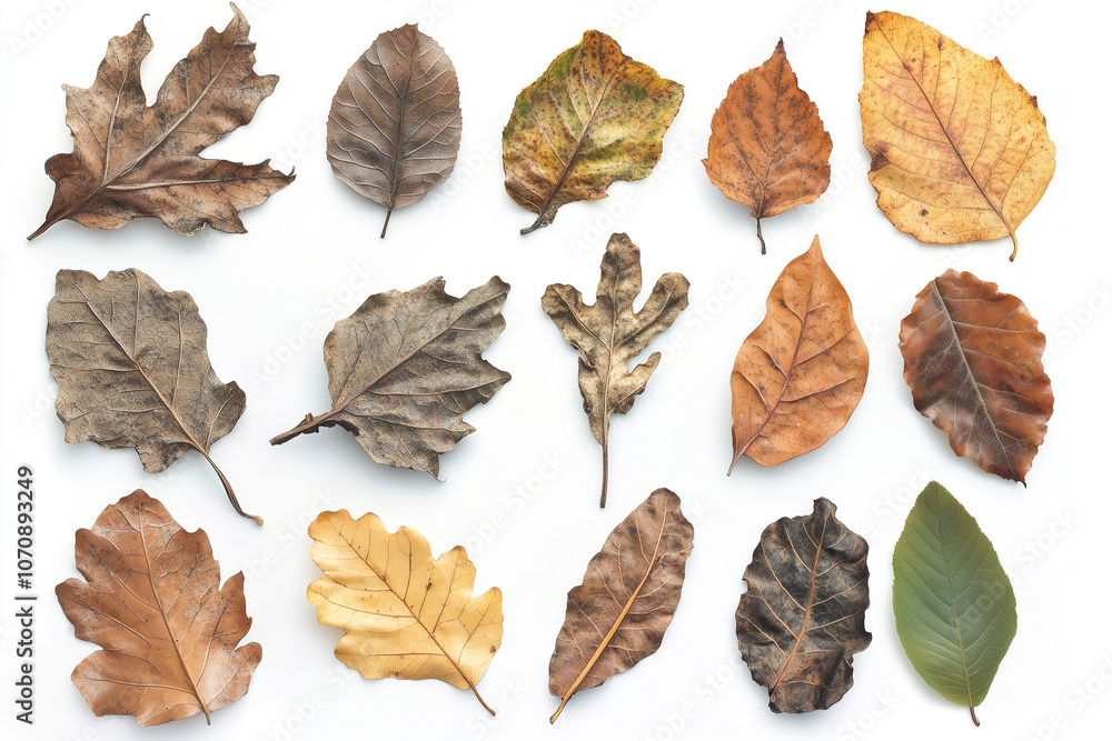 A variety of dried leaves in different shapes and colors displayed on a white background for natural texture and design inspiration. Generative AI A variety of dried leaves in different shapes and colors displayed on a white background for natural texture and design inspiration. Generative AI