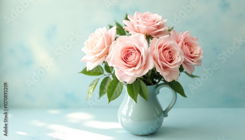 a vase of pink roses with green leaves and a blue background.