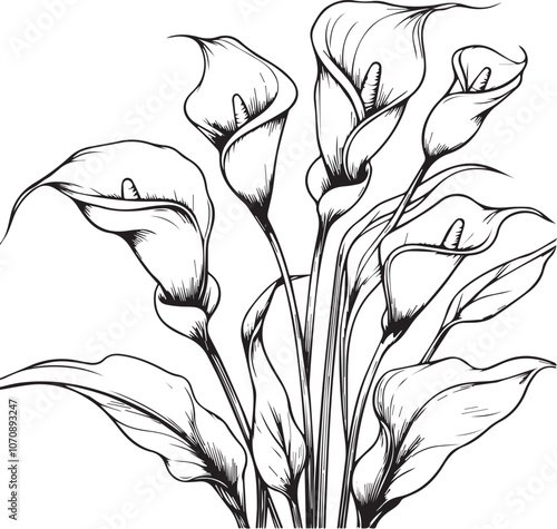 Detailed flower coloring pages, sketch contour bouquet of calla flowers, Sketch calla flower drawing, flower cluster drawing, Easy flowers coloring pages, birth flower coloring pages for adult