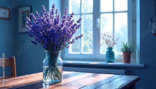 a vase of purple flowers on a table with a window behind them.