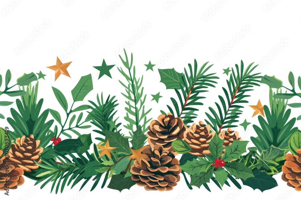 Obraz premium Decorative Christmas border featuring pine cones and holly leaves, ideal for holiday cards or festive designs