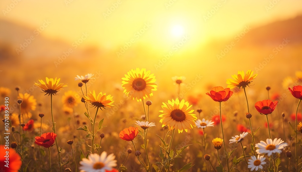 a field of wild flowers with the sun behind them a field of wild flowers with the sun behind them