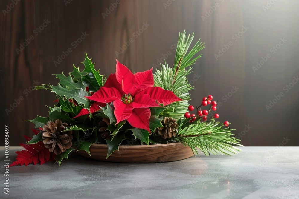 Fototapeta premium A decorative arrangement of poinsettia flowers and pine cones in a wooden bowl