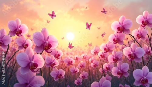 flowers in the sunset - pink sky with butterflies