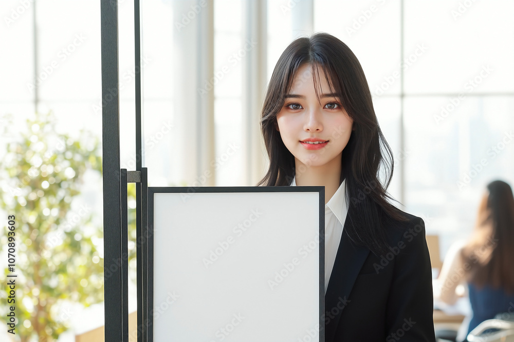 Asian woman wearing a Black sharp suit paired with white shirt inside . holds an empty white mockup of a large, thin black wooden poster frame Asian woman wearing a Black sharp suit paired with white shirt inside . holds an empty white mockup of a large, thin black wooden poster frame