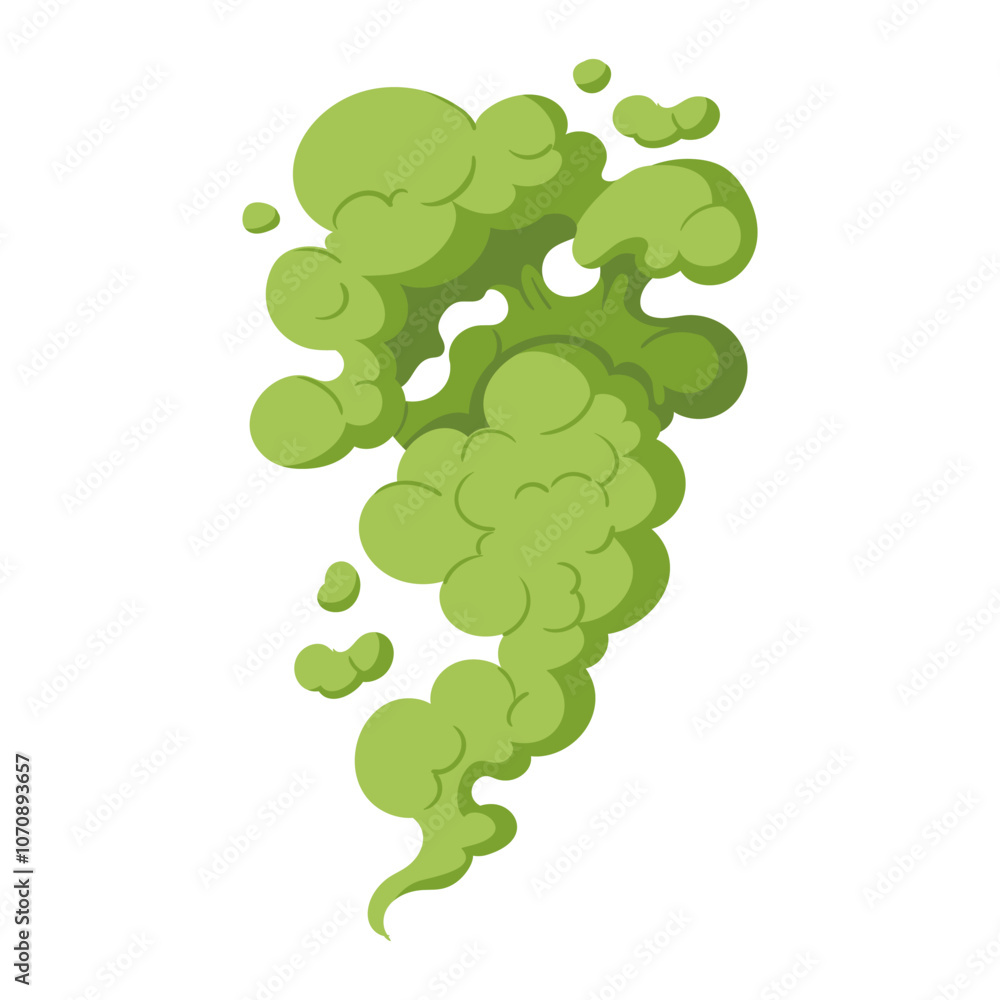 Cartoon green cloud. Comic book bad smell toxic cloud, smoking dust steam cloud, toxic smoking fume flat vector illustration. Bad smell dust cloud on white Cartoon green cloud. Comic book bad smell toxic cloud, smoking dust steam cloud, toxic smoking fume flat vector illustration. Bad smell dust cloud on white