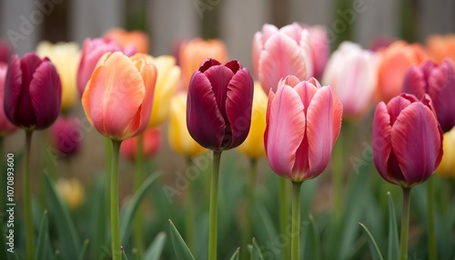 a row of colorful tulips with the word tulips on them.