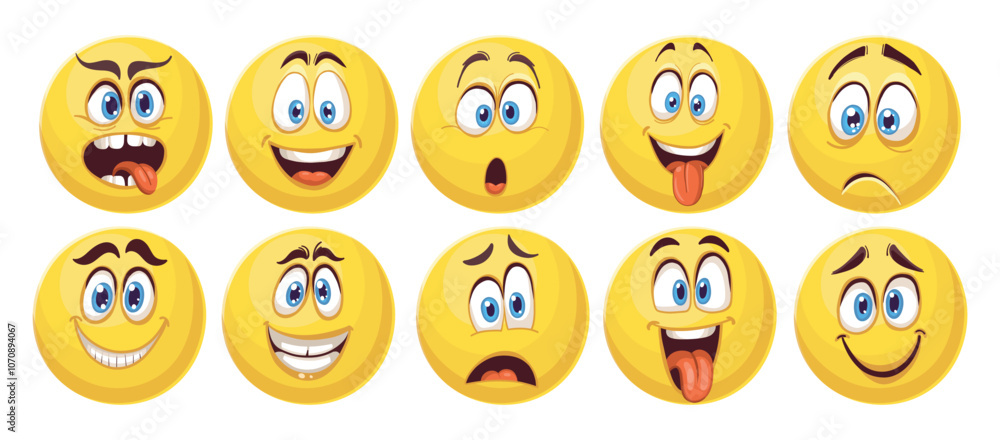 Set of emotions cartoon. Cartoon faces with big round blue eyes and big mouth. Smile, happiness, joy, scared, angry, rage, irritation. Set of emotions cartoon. Cartoon faces with big round blue eyes and big mouth. Smile, happiness, joy, scared, angry, rage, irritation.