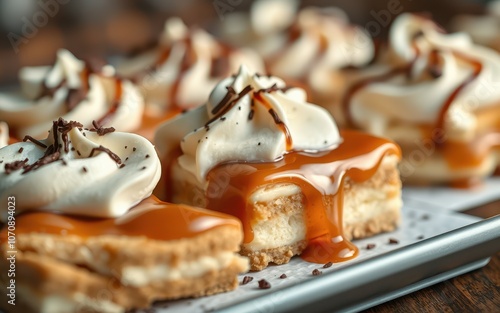 A close-up of a caramel cheesecake with whipped cream and chocolate shavings