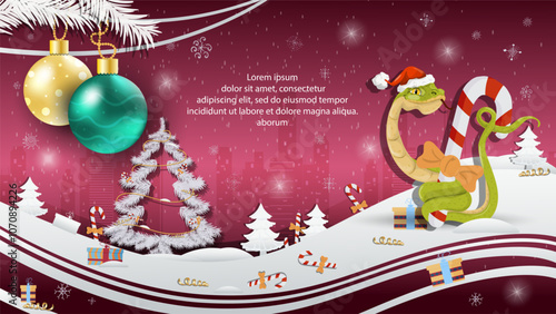 Christmas and New Year illustration Christmas tree balls on a fir tree A snake in a Santa Claus hat wraps around a candy