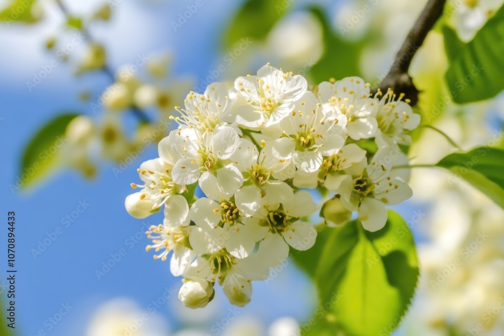 Fototapeta premium A cluster of white flowers grows on a tree branch in bloom